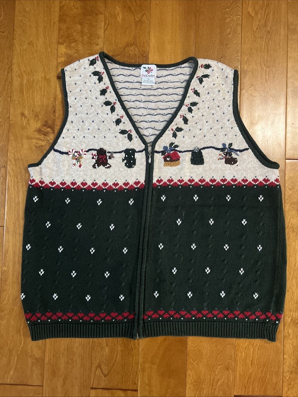 Vintage 90s NutcrackerChristmas Sweater Vest Holiday Womens 2X Front Zip Green
